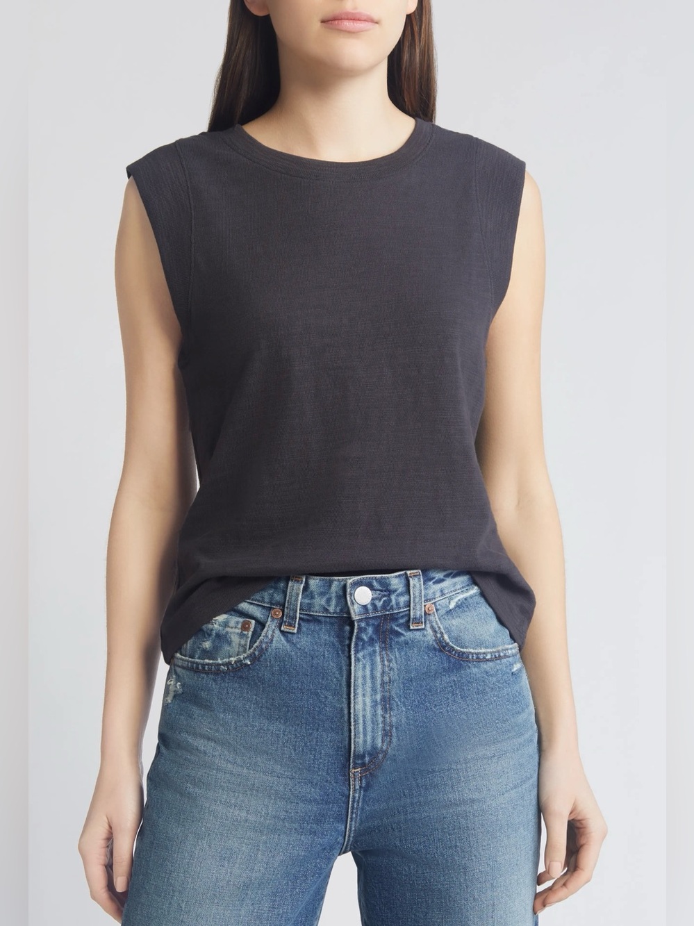 Faherty Sunwashed Slub Organic Cotton Muscle Tank Top Shirt Women's L Charcoal